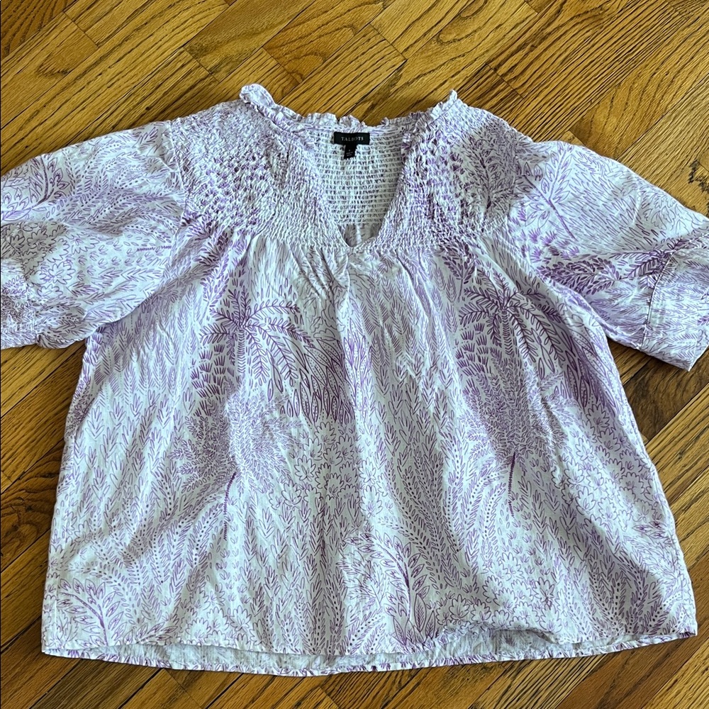 Talbots Lavender Printed Smocked Yoke Blouse